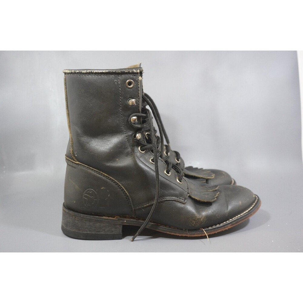 Vintage Durango Black Leather Lace Up Packer Roper Boots Kiltie Western Women 9